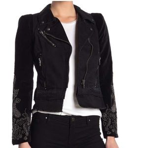 Blank NYC Denim & Velvet Black Moto Jacket with Beaded Sleeves